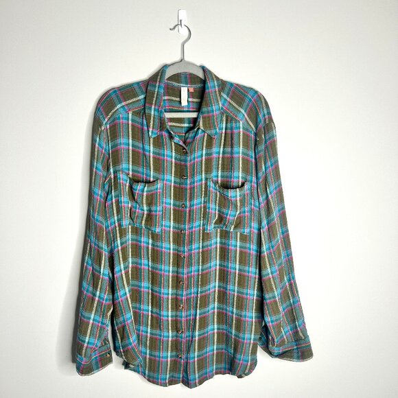 Anthropologie Pilcro Seamed Green Plaid Tunic Oversized Button Down Flowy Sz XL - Picture 3 of 6